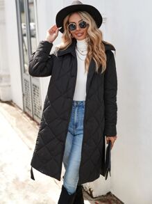 Button Front Belted Quilted Padded Coat Clothes Winter - Black - View 1