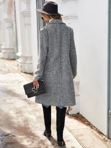 SHEIN LUNE Herringbone Lapel Neck Overcoat - Black - View 2