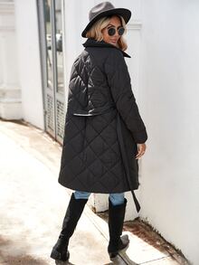 Button Front Belted Quilted Padded Coat Clothes Winter - Black - View 2