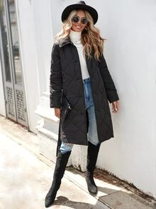 Button Front Belted Quilted Padded Coat Clothes Winter - Black - View 3