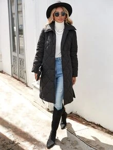 Button Front Belted Quilted Padded Coat Clothes Winter - Black - View 4