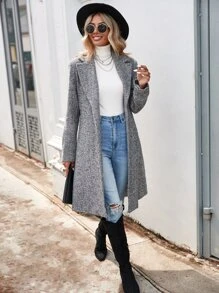 SHEIN LUNE Herringbone Lapel Neck Overcoat - Black - View 4