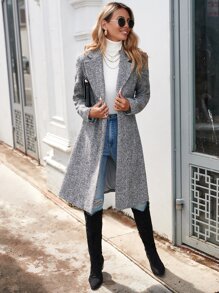 SHEIN LUNE Herringbone Lapel Neck Overcoat - Black - View 5