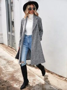 SHEIN LUNE Herringbone Lapel Neck Overcoat - Black - View 6