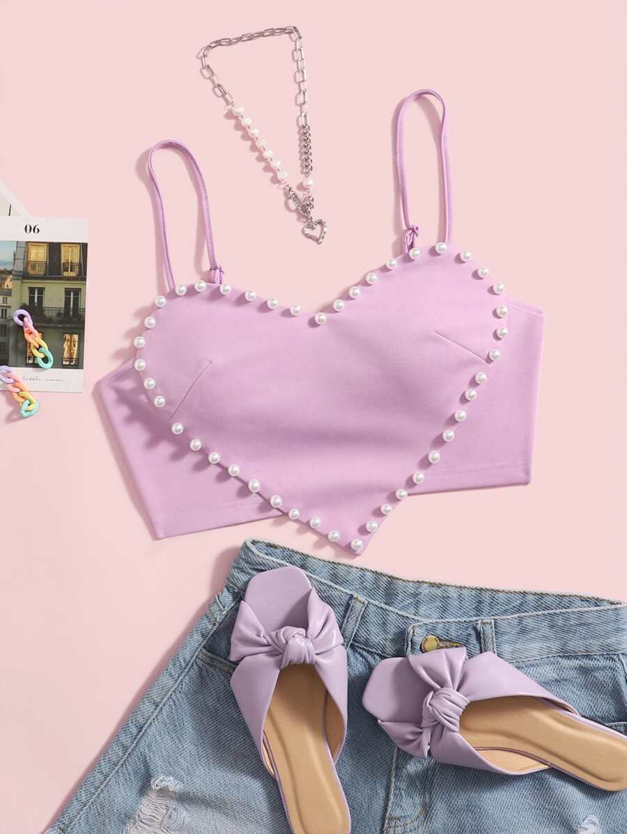 SHEIN ICON Pearls Trim Asymmetrical Hem Cami Top - Lilac Purple - View 1