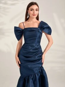 Modelyn Asymmetrical Neck Ruched Mermaid Hem Glitter Party Women Dress Long Evening Dresses