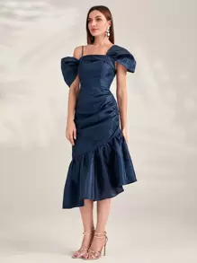 Modelyn Asymmetrical Neck Ruched Mermaid Hem Glitter Party Women Dress Long Evening Dresses