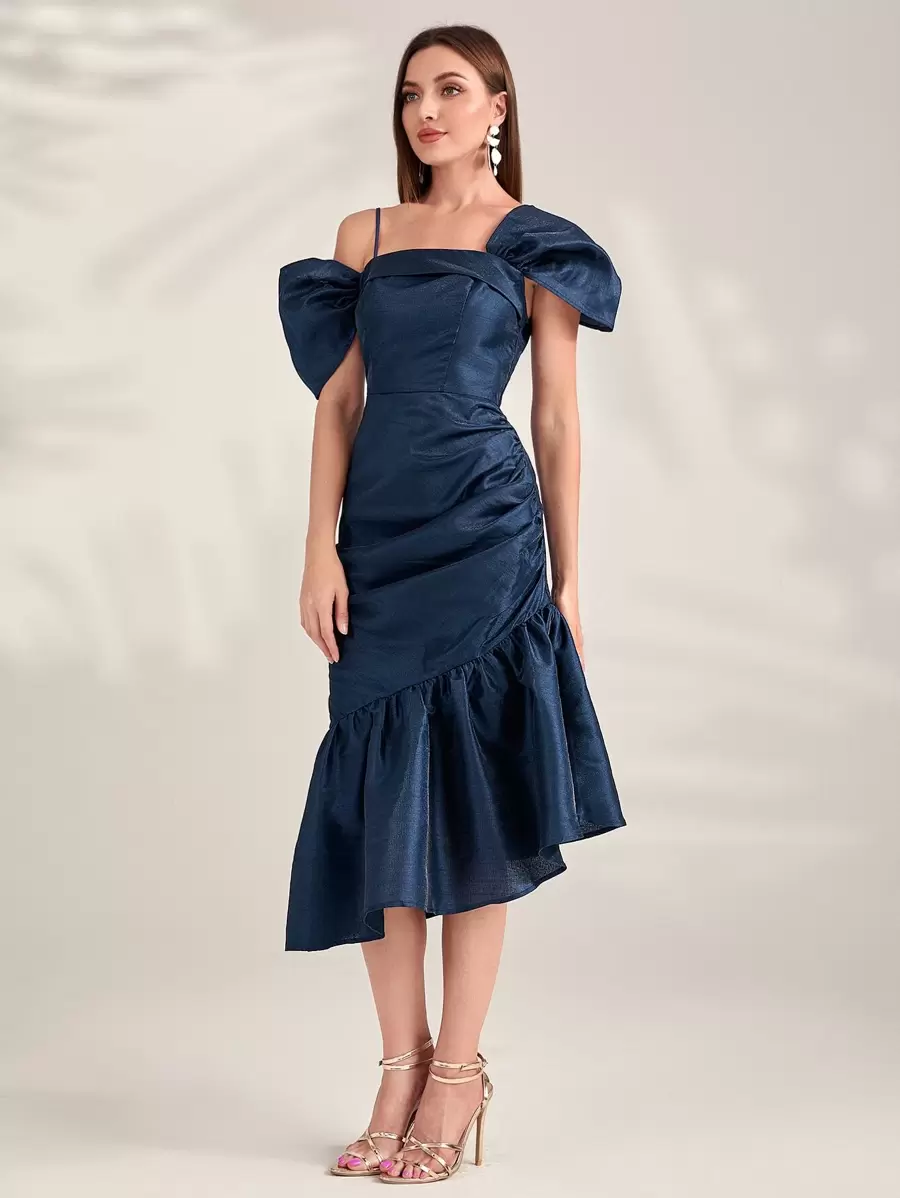 Modelyn Asymmetrical Neck Ruched Mermaid Hem Glitter Party Women Dress Long Evening Dresses