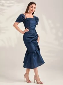 Modelyn Asymmetrical Neck Ruched Mermaid Hem Glitter Party Women Dress Long Evening Dresses