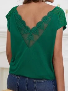 SHEIN Frenchy Floral Embroidery Mesh Insert Lace Panel Batwing Sleeve Tee - Dark Green - View 1