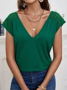 SHEIN Frenchy Floral Embroidery Mesh Insert Lace Panel Batwing Sleeve Tee - Dark Green - View 4