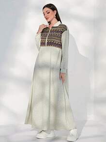 Mulvari 幾何印花1/4拉鍊落肩袖衛衣連衣裙 - 淺灰色 - 查看 1