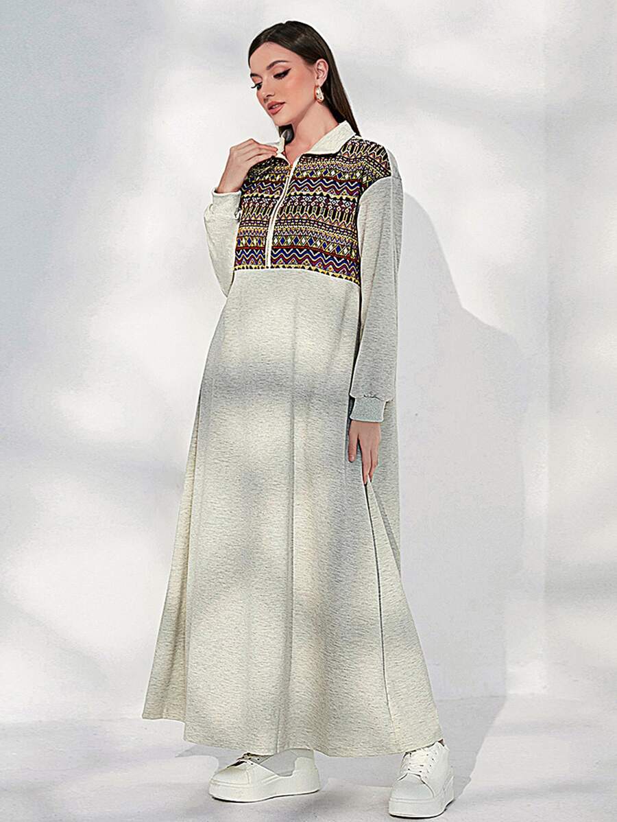 Mulvari 幾何印花1/4拉鍊落肩袖衛衣連衣裙 - 淺灰色 - 查看 1