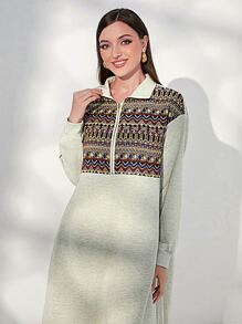 Mulvari 幾何印花1/4拉鍊落肩袖衛衣連衣裙 - 淺灰色 - 查看 3