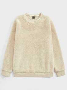 Manfinity Men Solid Round Neck Teddy Pullover - Khaki - View 2
