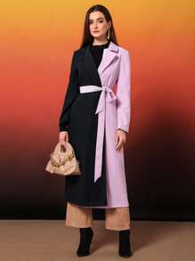 Modelyn Two Tone Lapel Neck Belted Coat - Multicolor - View 1