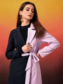 Modelyn Two Tone Lapel Neck Belted Coat - Multicolor - View 5
