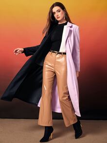 Modelyn Two Tone Lapel Neck Belted Coat - Multicolor - View 6