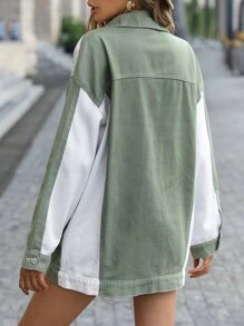 Two Tone Drop Shoulder Denim Coat - Mint Green - View 2