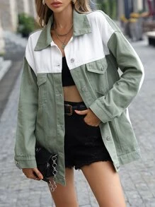 Two Tone Drop Shoulder Denim Coat - Mint Green - View 3