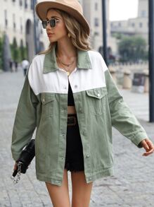 Two Tone Drop Shoulder Denim Coat - Mint Green - View 5