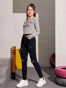 SHEIN Teen Girls Jeans - Black - View 4