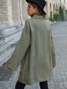 Drop Shoulder Pocket Patched Denim Coat - Army Green - View 2