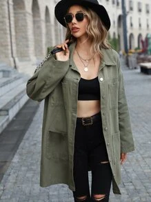 Drop Shoulder Pocket Patched Denim Coat - Army Green - View 3