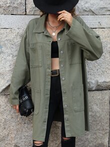 Drop Shoulder Pocket Patched Denim Coat - Army Green - View 5
