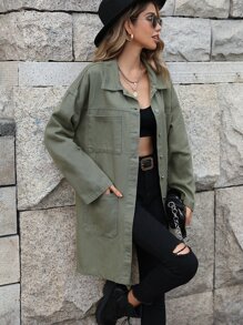 Drop Shoulder Pocket Patched Denim Coat - Army Green - View 6