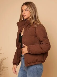 SHEIN LUNE Zip Front Padded Coat For Winter - Coffee Brown - View 6