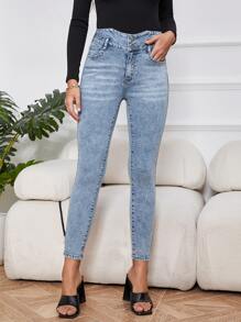 Cat Whisker Zipper Fly Skinny Jeans - Light Wash - View 1