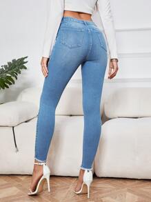 EMERY ROSE Jeans ajustados con bordado floral desgarro bajo crudo - Azul lavado medio - Ver 2
