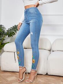 EMERY ROSE Jeans ajustados con bordado floral desgarro bajo crudo - Azul lavado medio - Ver 3
