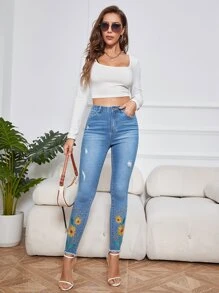 EMERY ROSE Jeans ajustados con bordado floral desgarro bajo crudo - Azul lavado medio - Ver 6