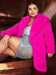 SHEIN SXY 大碼誇大領口開門襟毛茸茸外套 - 玫紅色 - 查看 6