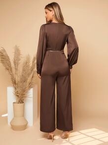 SHEIN Privé Mono fruncido de manga farol sin cinturón - Café integral - Ver 3