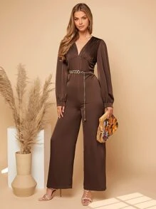 SHEIN Privé Mono fruncido de manga farol sin cinturón - Café integral - Ver 4