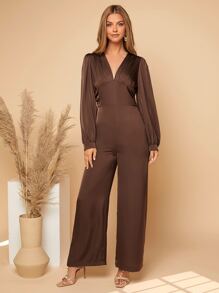 SHEIN Privé Mono fruncido de manga farol sin cinturón - Café integral - Ver 1