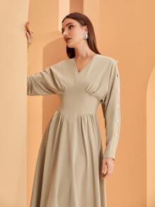 Modelyn 褶邊紐扣細節蝙蝠袖連衣裙 - 卡其色 - 查看 3