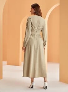 Modelyn 褶邊紐扣細節蝙蝠袖連衣裙 - 卡其色 - 查看 2