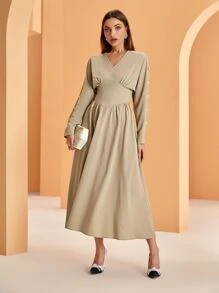 Modelyn 褶邊紐扣細節蝙蝠袖連衣裙 - 卡其色 - 查看 6