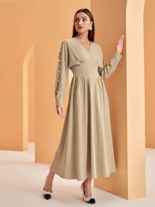 Modelyn 褶邊紐扣細節蝙蝠袖連衣裙 - 卡其色 - 查看 1