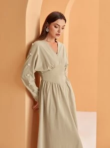 Modelyn 褶邊紐扣細節蝙蝠袖連衣裙 - 卡其色 - 查看 7