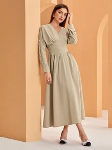 Modelyn 褶邊紐扣細節蝙蝠袖連衣裙 - 卡其色 - 查看 8
