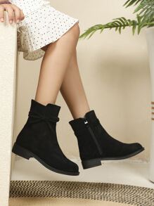 Girls Faux Suede Bow Decor Zipper Side Boots - Black - View 1