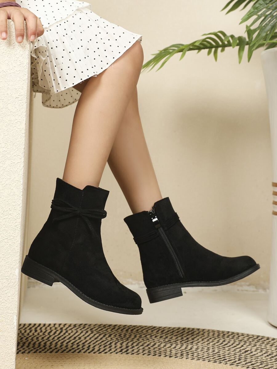 Girls Faux Suede Bow Decor Zipper Side Boots - Black - View 1
