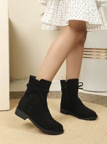 Girls Faux Suede Bow Decor Zipper Side Boots - Black - View 3