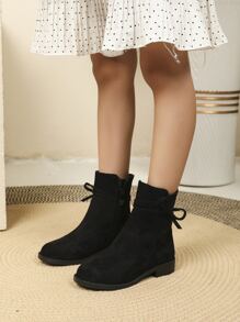 Girls Faux Suede Bow Decor Zipper Side Boots - Black - View 4