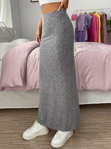Muchica Váy dài cạp cao màu trơn đơn giản - Xám - Xem 4